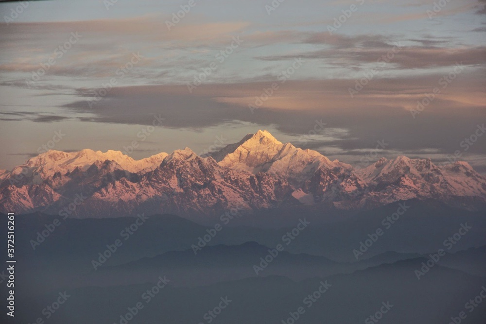 Snow capped Himalayan peak of Mount Kanchenjunga in the town of Darjeeling.