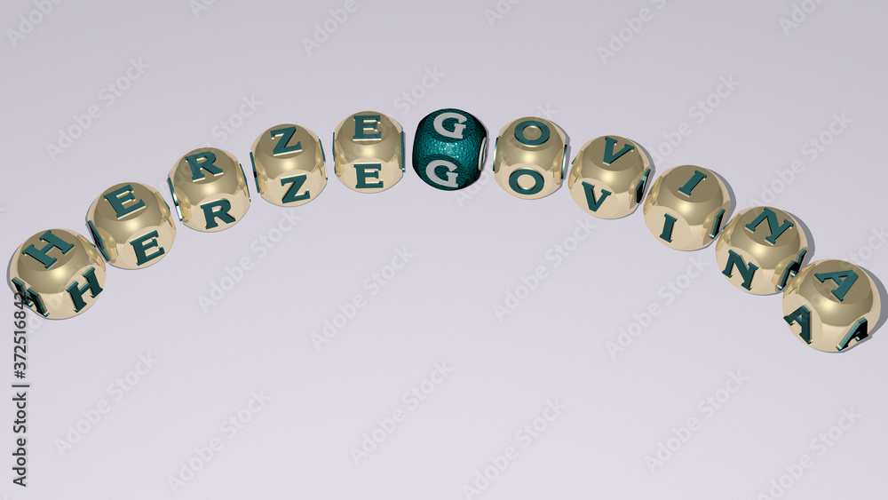 HERZEGOVINA curved text of cubic dice letters, 3D illustration for bosnia and europe HERZEGOVINA curved text of cubic dice letters, 3D illustration for bosnia and europe
