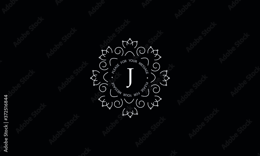 Elegant round monogram template with letter J. Creative white logo on black background. Vector illustration of business, cafe, office, restaurant, heraldry. Elegant round monogram template with letter J. Creative white logo on black background. Vector illustration of business, cafe, office, restaurant, heraldry.