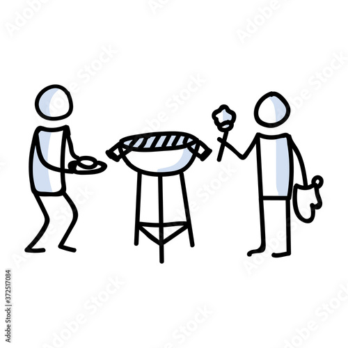 Hand drawn stickman camping cookout bbq concept. Simple outdoor vacation doodle icon for staycation, family travel adventure clipart. Simple getaway figure illustration. 