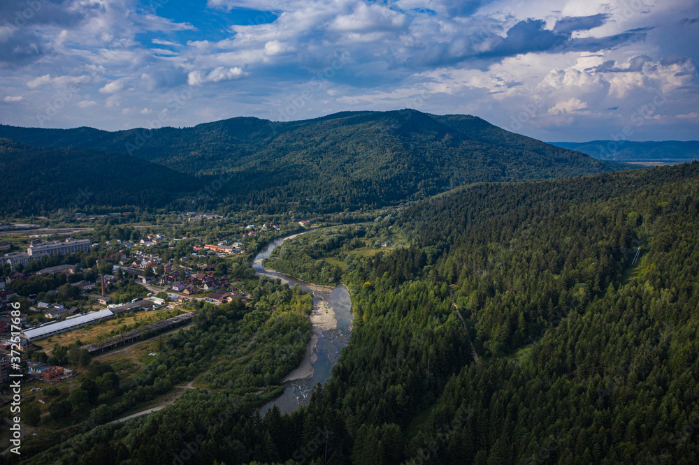 Skole Beskids National Nature Park. View from drone on Opir river