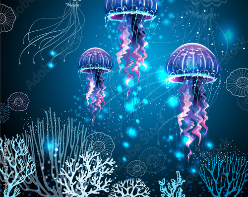 Background with Glowing vivid jellyfishes