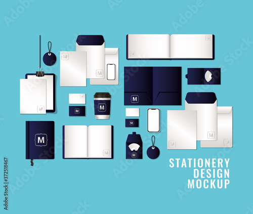 mockup set with dark blue branding of corporate identity and stationery design theme Vector illustration