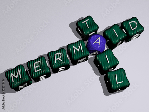mermaid tail crossword of colorful cubic letters, 3D illustration for background and beautiful