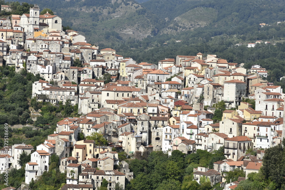 Panoramic view of Rivello, a rural village in the mountains of the Basilicata region.