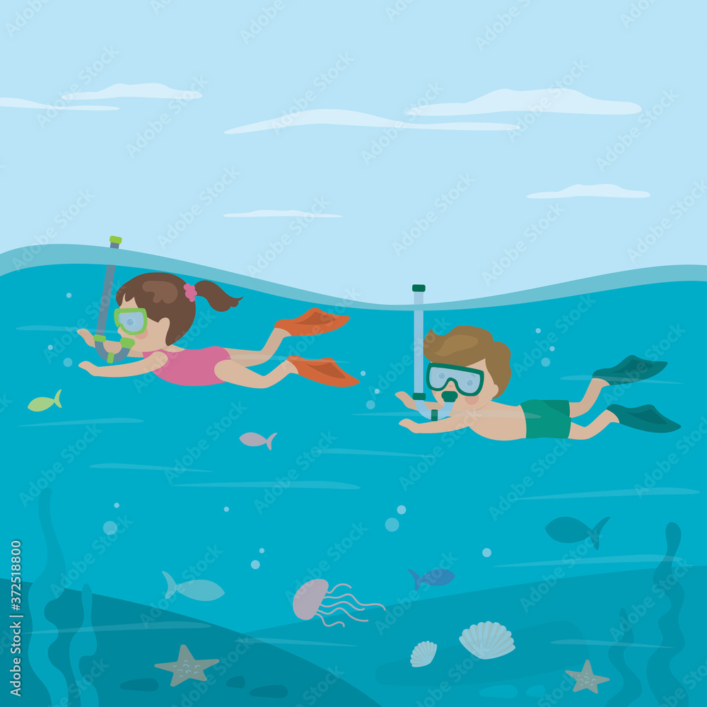 Cartoon children in swimsuits. Kids snorkeling in ocean. Underwater world with plants and fish