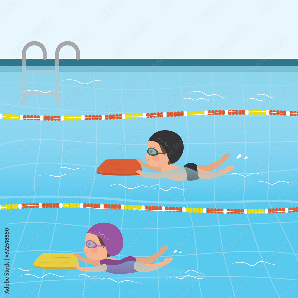 Obraz premium Sports training background. Schoolboy and schoolgirl have active water sports.