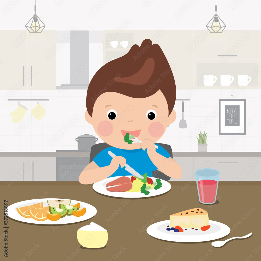 Cartoon preschooler boy have a lunch. Healthy food - vegetables, fish and fruits in the diet of a child.