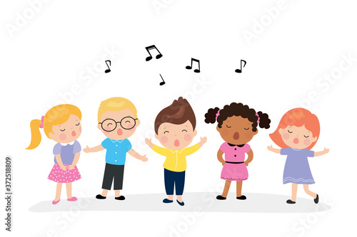 Five various cute kids sing a song. Cartoon Children's music group.