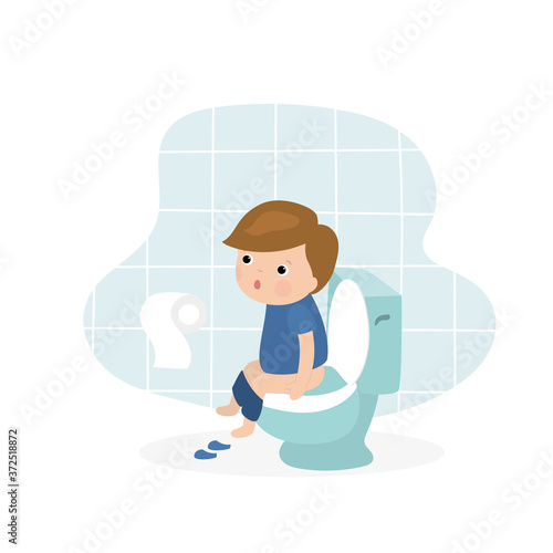 Cartoon little boy sitting on the toilet. Kid character isolated on white background.
