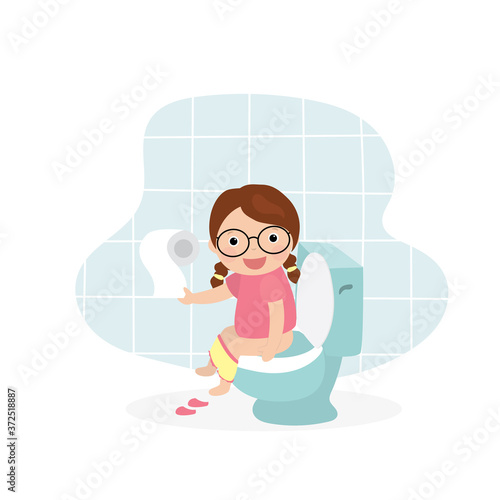 Cartoon little girl sitting on the toilet. Happy caucasian kid character isolated on white