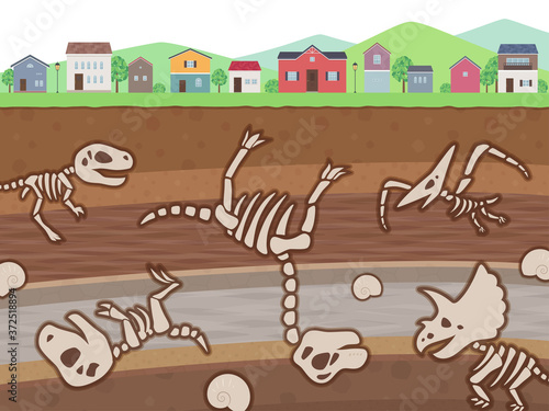 かわいい恐竜の化石が埋まった地層と街並みのイラスト