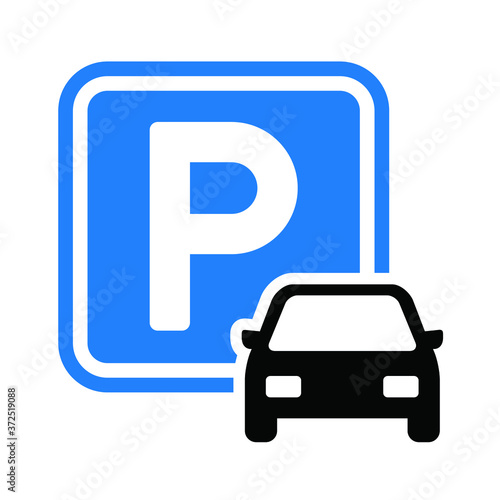 Car parking space zone icon. Parking lot. Car park. Flat vector vehicle area sign. Blue info, information board, road sign. P pictogram.