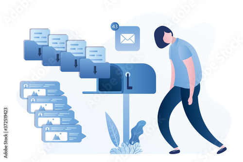 Open mailbox, unhappy woman receive email, messages and spam. Post service. Internet communication, feedback.