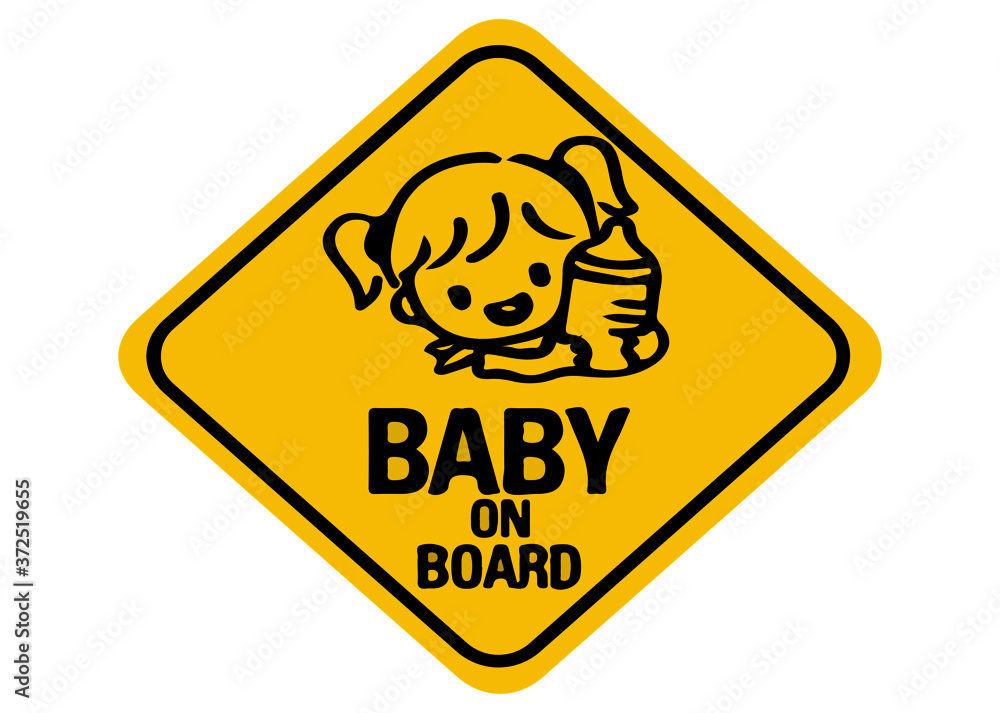Baby on board sign with child girl smiling face with nipple silhouette in yellow triangle on a white background. Car sticker with warning. Baby on board sign with child girl smiling face with nipple silhouette in yellow triangle on a white background. Car sticker with warning.