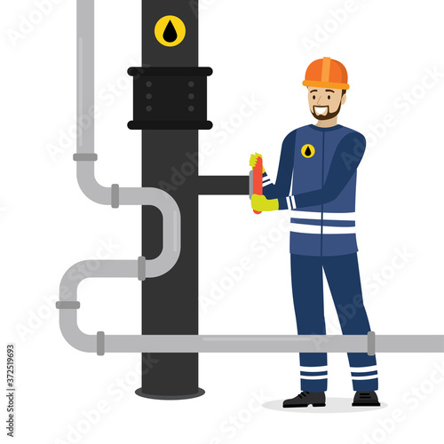 Oilman turns a pipeline valve. Oil industry and worker or engineer in special clothing and helmet. Gas or oil pipe, cartoon male character