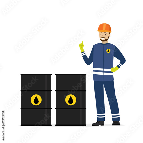 Oil barrels and happy oilman. Oil industry and worker in special clothing and helmet. Cartoon male character isolated