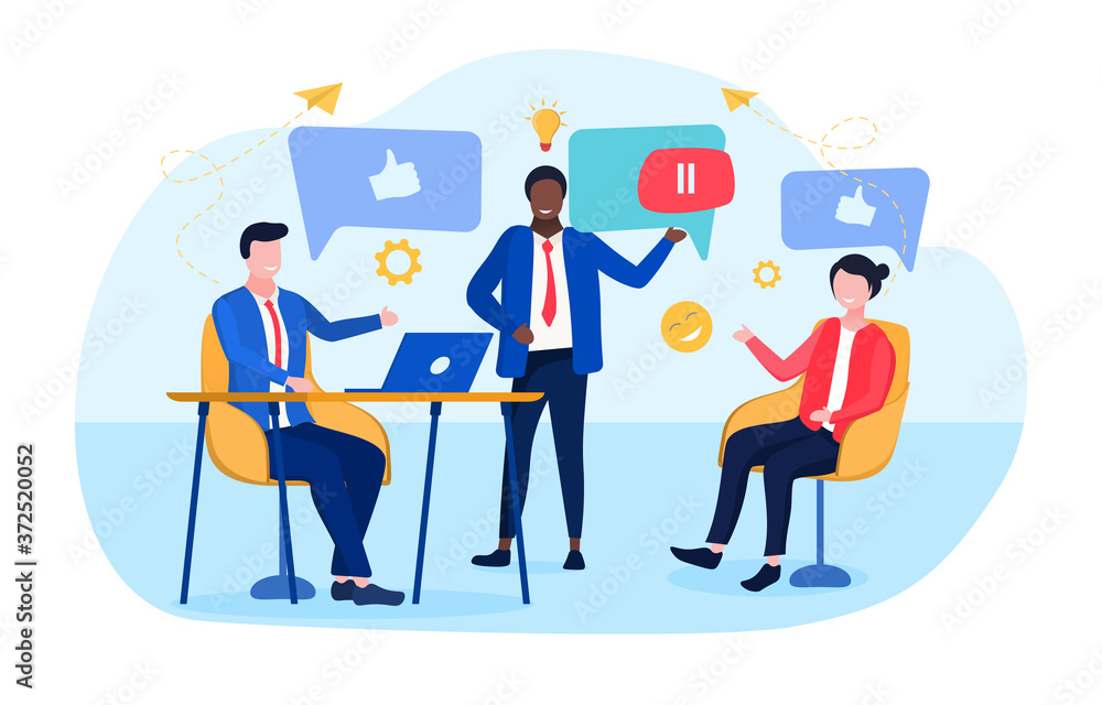 Vector illustration concept of business discussion in social networks. Business people communicating together in internet, messengers and social networks Vector illustration concept of business discussion in social networks. Business people communicating together in internet, messengers and social networks