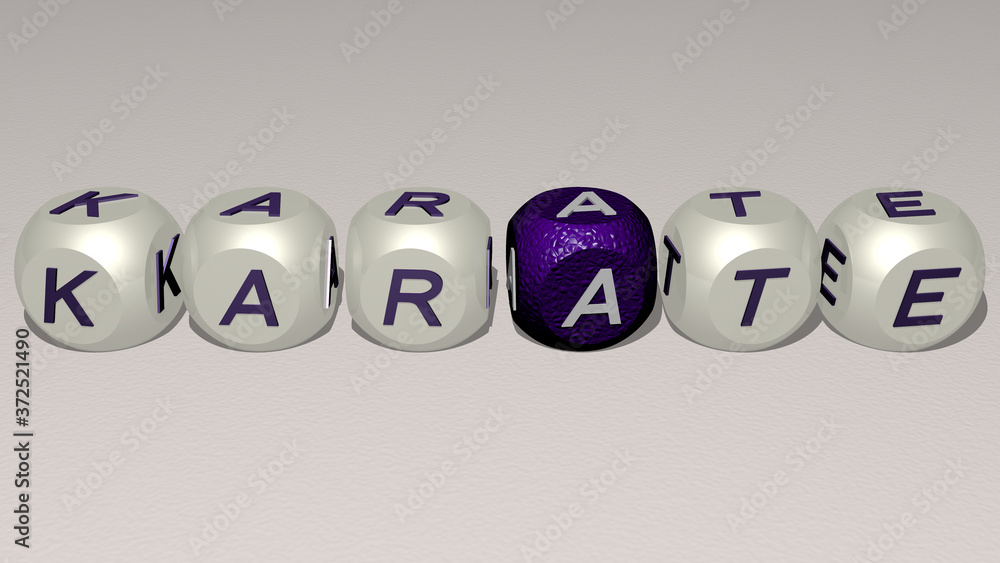 KARATE text by cubic dice letters, 3D illustration for arts and belt KARATE text by cubic dice letters, 3D illustration for arts and belt
