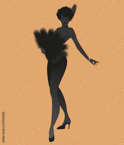 Silhouette of sexy lady retro Burlesque style wearing a fan of feathers