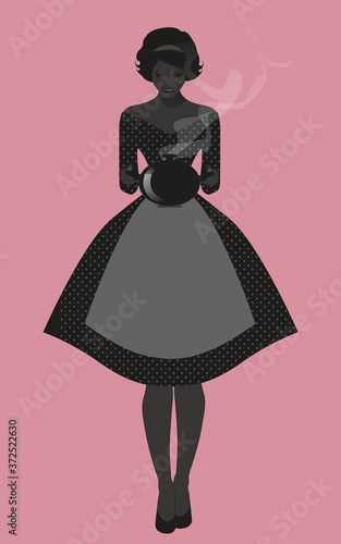 Silhouette of housewife dressed in the style of the 50s in a polka dot dress, carrying a steaming pot isolated 