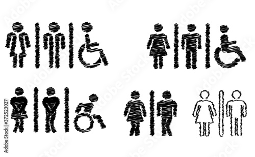 Wc world toilet day. Bathroom or restroom icons. Funny vector pissing signs. For handicap people, woman, man or gender to peeing pictogram. Human handicap toilets seat   with wheelchair logo. 