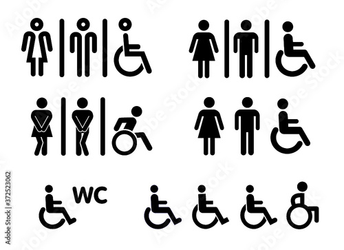 Wc world toilet day. Bathroom or restroom icons. Funny vector pissing signs. For handicap people, woman, man or gender to peeing pictogram. Human handicap toilets seat   with wheelchair logo. 