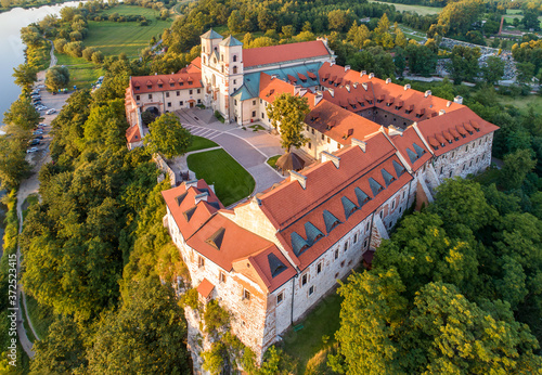 Benedictine abbey, monastery and Saint Peter and Paul church in Tyniec near Krakow, Poland. Aerial view at sunset