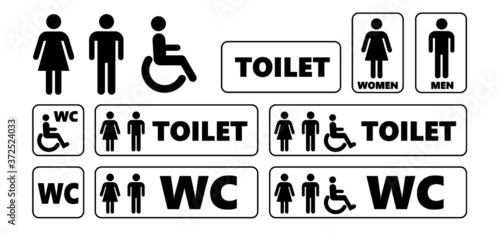 Wc world toilet day. Bathroom or restroom icons. Funny vector pissing signs. For handicap people, woman, man or gender to peeing pictogram. Human handicap toilets seat   with wheelchair logo.