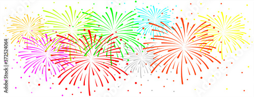 Firework on twilight background sign. Shining fireworks in the night starry sky. Celebrating for happy New Year party, festive design. Dark space with sparking bokehs and stars. Funny celebration.