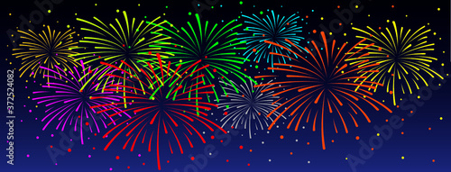 Firework on twilight background sign. Shining fireworks in the night starry sky. Celebrating for happy New Year party, festive design. Dark space with sparking bokehs and stars. Funny celebration.