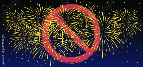 Forbidden, No firework background sign. Do not fireworks in the night. Stop halt allowed, no ban. Forbid for party, festival and event sign.  Do not enter, illegal fire work symlol
