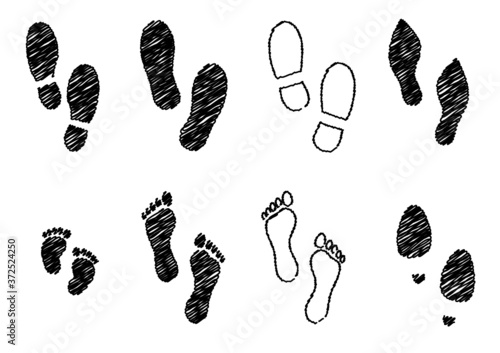 Human bare walk footprints shoes and shoe sole Kids feet and foot steps Fun vector baby footsteps icon or sign for print Kid step for trail Walking footstep and footprint for trekking or follow route