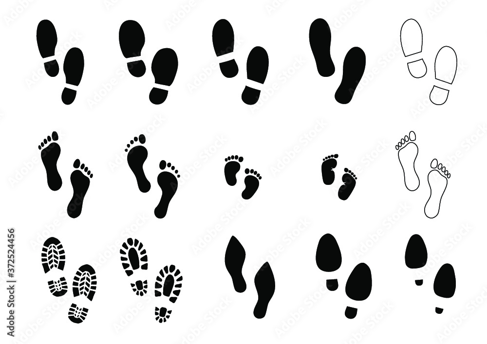 Fototapeta Human bare walk footprints shoes and shoe sole Kids feet and foot steps Fun vector baby footsteps icon or sign for print Kid step for trail Walking footstep and footprint for trekking or follow route