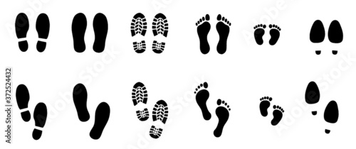 Human bare walk footprints shoes and shoe sole Kids feet and foot steps Fun vector baby footsteps icon or sign for print Kid step for trail Walking footstep and footprint for trekking or follow route