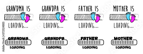 Slogan baby is loading with download bar, please wait. New born coming soon, happy family for papa and mama. Drawing cartoon vector infant quotes sign. Mother is pregnant New life for grandma, grandpa