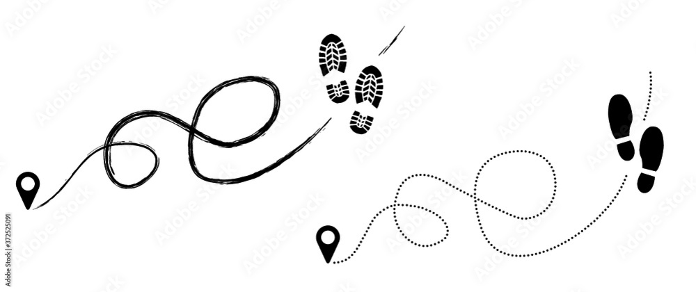 tracking track footprints human shoes shoe sole funny feet footsteps route people silhouette follow vector hiking icon steps sign foot Walks Walking wallpaper banner Trekking footmark fun navigation  - obrazy, fototapety, plakaty 