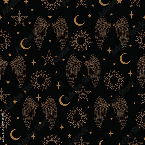 Seamless Pattern with Wings and Stars in Vector.