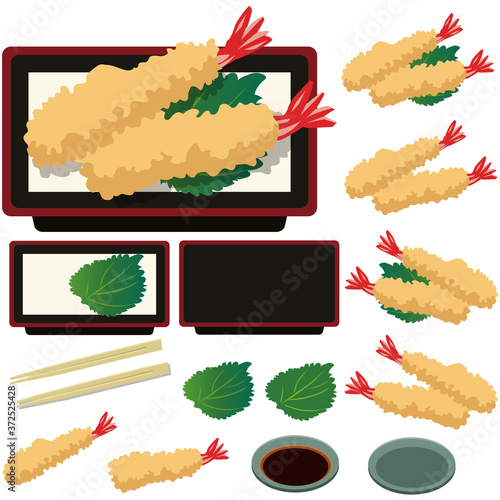 イラスト素材　えび天ぷら　エビ　海老　葉　日本食　料理　ベクター