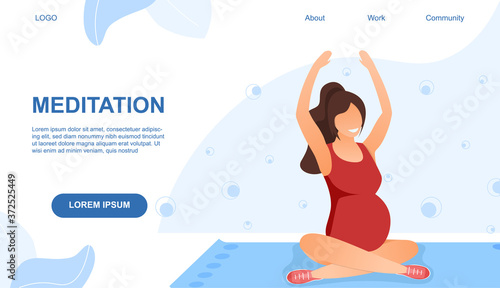 Vector illustration concept of meditation. Pregnant woman practicing yoga on fitness mat at home. Webpage template