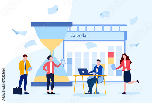 Concept of deadline in business company. Group of business people brainstorming for quickly solution of problem. Vector illustration