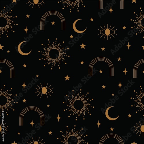 Black and Gold Astrology Sun Seamless Pattern in Vector.