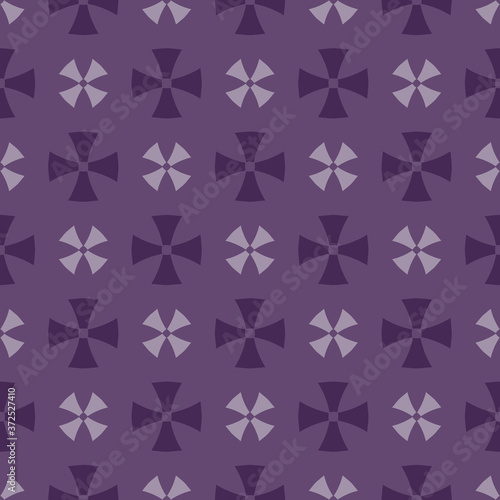 Simple geometric floral seamless pattern. Abstract vector ornament with small flower silhouettes, crosses. Purple colored background. Elegant repeatable texture. Design for decoration, textile, print