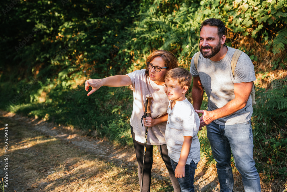 Fototapeta premium family of father, mother and 6-year-old son point to something in the woods at sunset