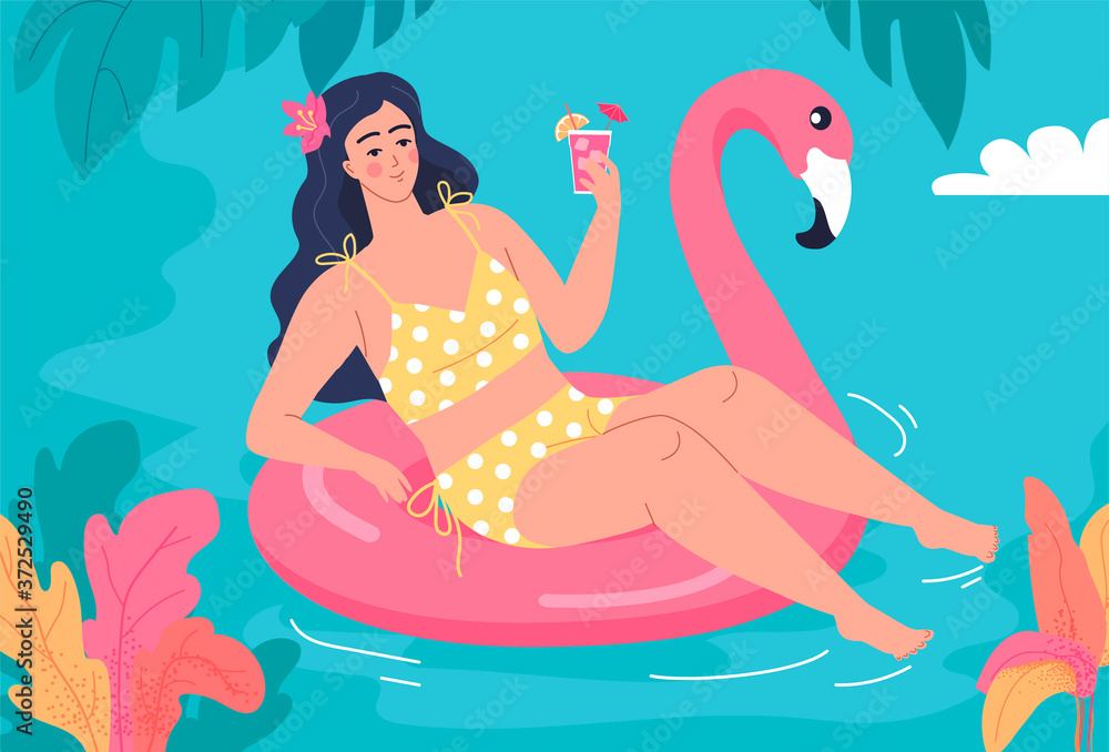 Fototapeta Young woman swimming on the flamingo life buoy cartoon vector illustration