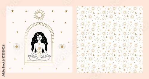 Woman Meditating Card Design in Vector.