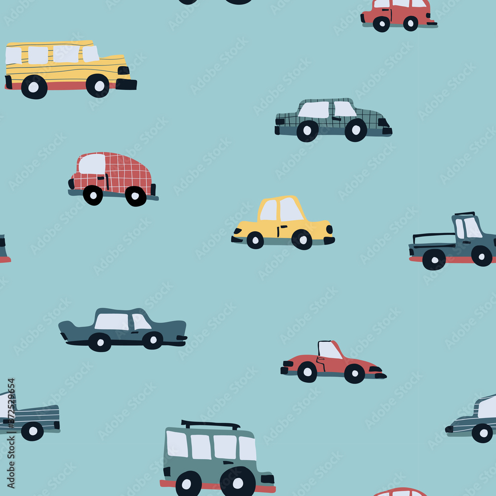 Cars vector seamless pattern design hand-drawn childish style - fabric, wrapping, textile, wallpaper, apparel design for kids.