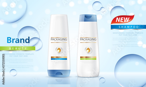 Packaging products hair care design Bottles of shampoo. Cosmetic for design on blue background.