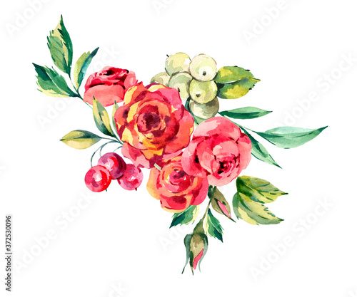 Watercolor red flowers arrangement. Vintage roses and berries