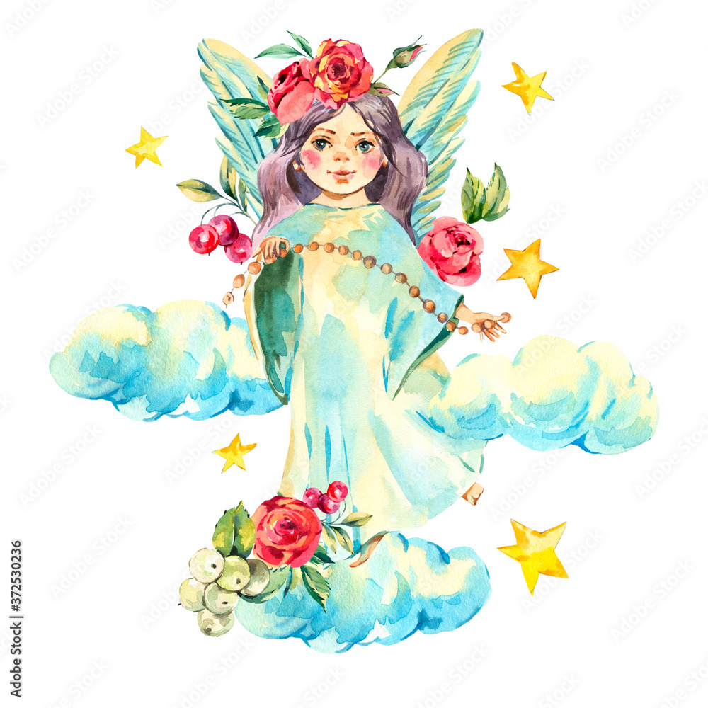 Watercolor angel with red flowers, roses, stars, clouds isolated on white background
